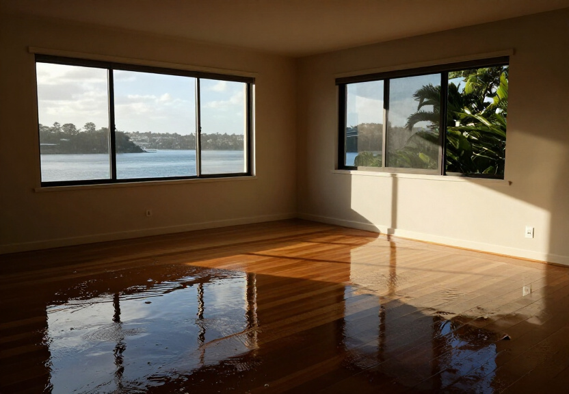 Flood-damaged living room in Oyster Bay before restoration